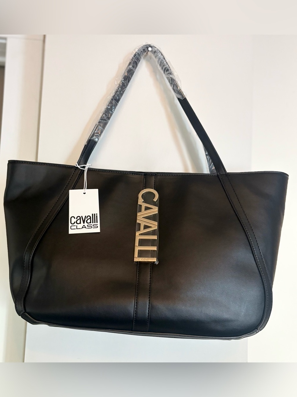 NWT Cavalli Class Black Leather Tote with Gold Logo Charm